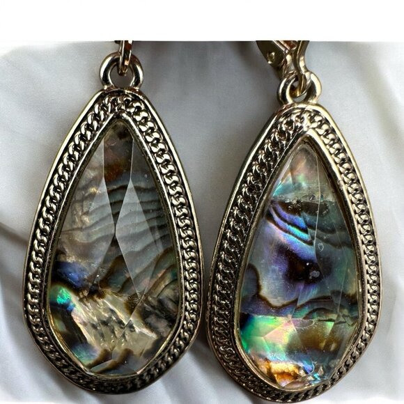NAPIER Dangling Gold Tone Faux Abalone Leverback Earrings Teardrop Iridescent - Picture 7 of 9